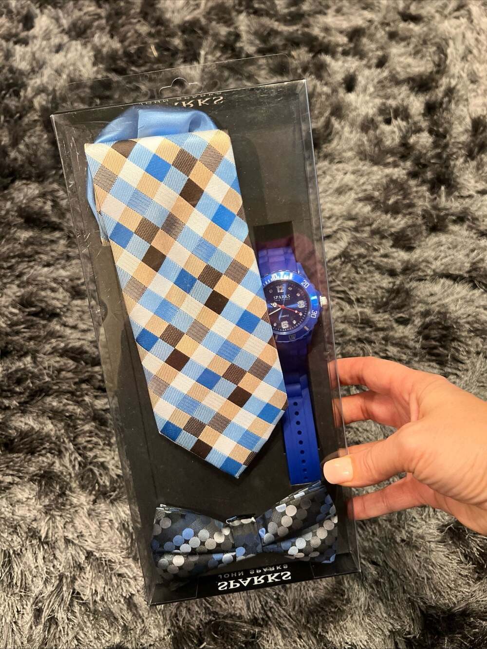 John Sparks Men's Accessory Set with Plaid Necktie, Bow Tie, and Silicone Watch